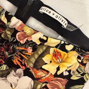 Alice + Olivia Black Floral Boot-Flare Pants with Yellow & Coral Blooms